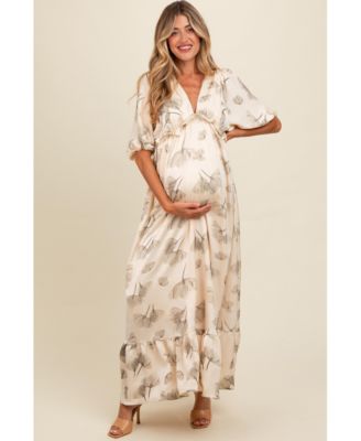 Maternity Cream Floral Chiffon Ruffle Accent Maxi Dress