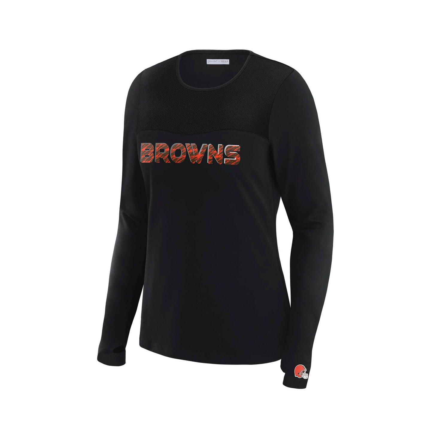 Женская футболка WEAR by Erin Andrews x Gracie Hunt Black Cleveland Browns Mesh Panel Long Sleeve — фото 2