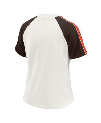 Women's White Cleveland Browns Sleeve Stripe Distressed Raglan T-Shirt