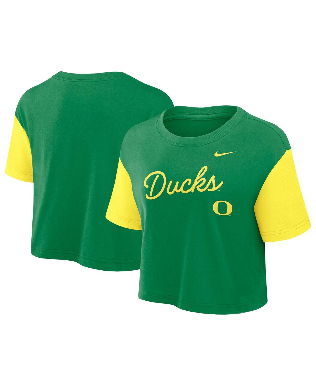 Nike Women's Green/yellow Oregon Ducks Color-block Script Dri-fit Cropped T-shirt In Green