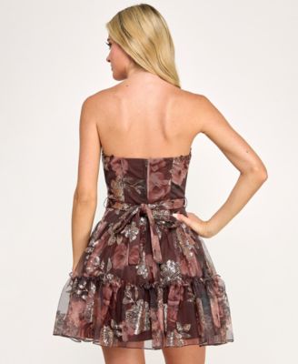 Juniors' Strapless Sequin Printed Corset Dress