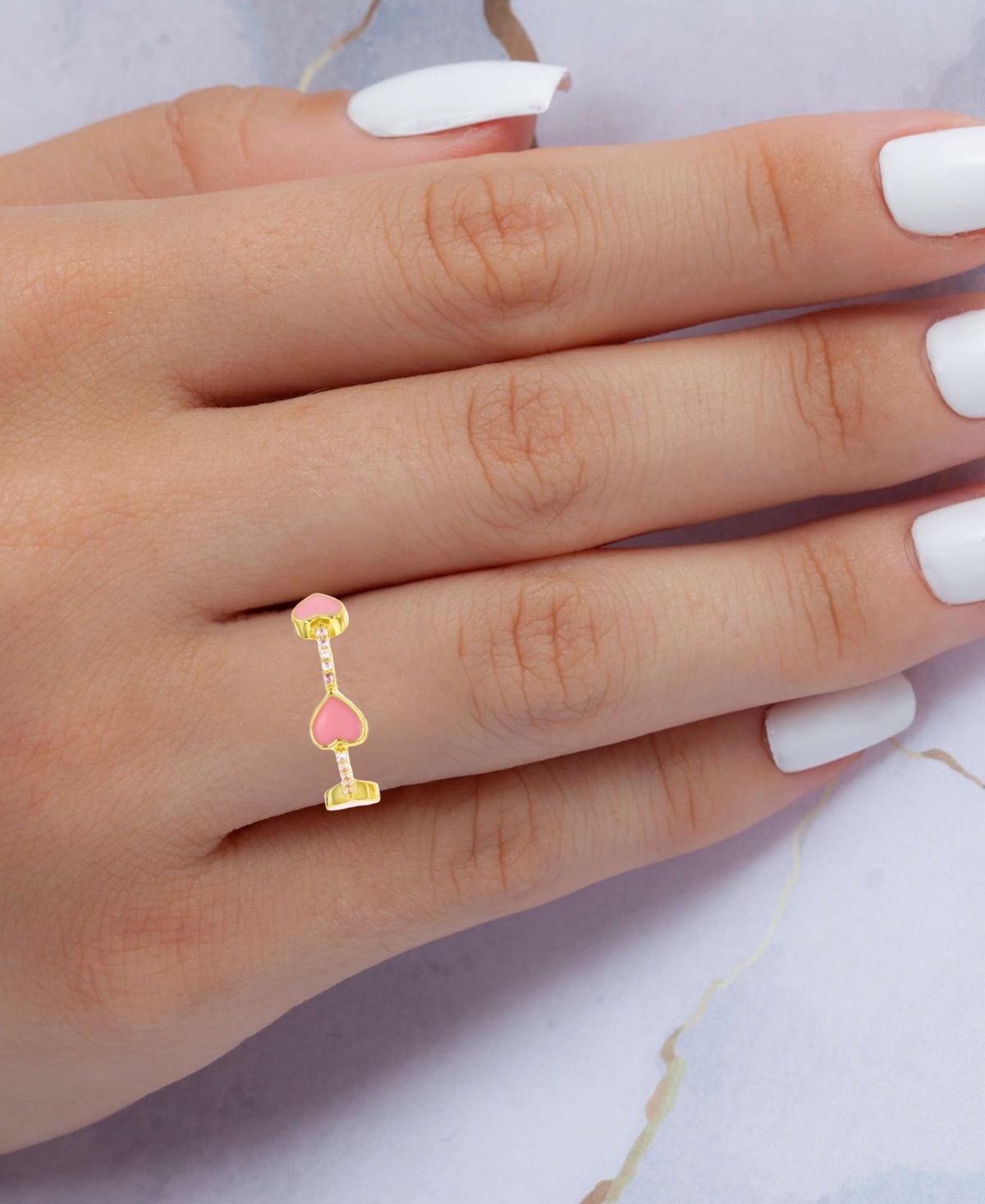 Macy's Cubic Zirconia (0.25 Ct. T.w.) And Pink Enamel Heart Eternity Band Ring In 14k Yellow Gold Over Ster In Gold