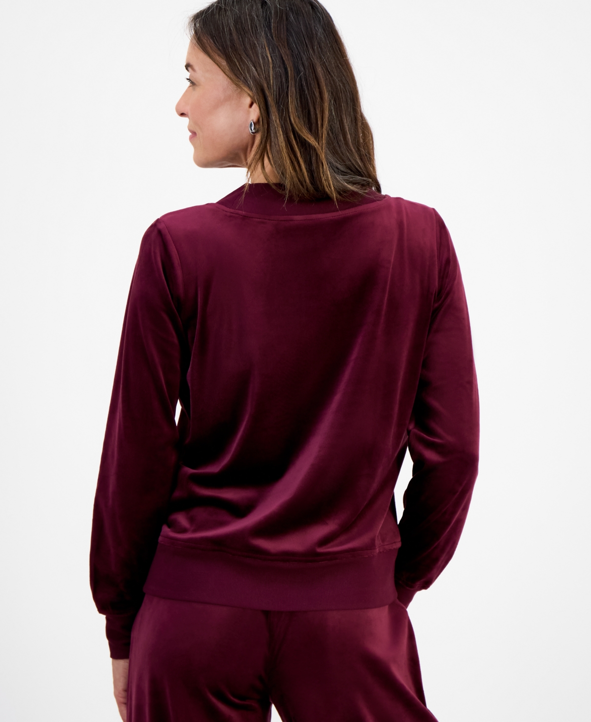 Style & Co Petite Easy V-neck Long-sleeve Velour Top, Macy's Exclusive In Burgundy