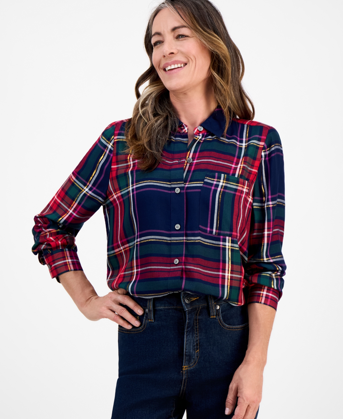 Style & Co Petite Festive Plaid Perfect Long-sleeve Shirt, Macy's Exclusive In White