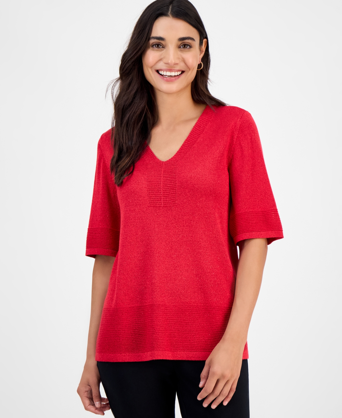 Jm Collection Petite Textured-knit V-neck Short-sleeve Sweater, Exclusively At Macy's In Red