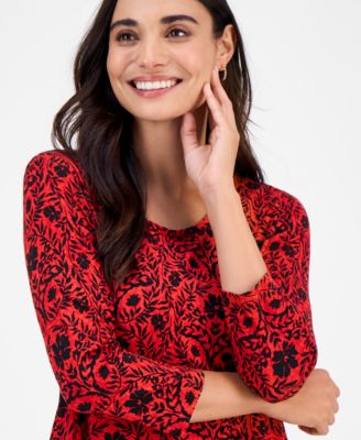 Petite Painted Foliage 3/4-Sleeve Top, Macy's Exclusive 