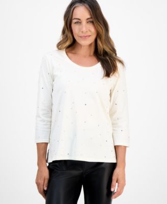 JM Collection - Petite Cotton Scoop-Neck Rhinestone 3/4-Sleeve Top