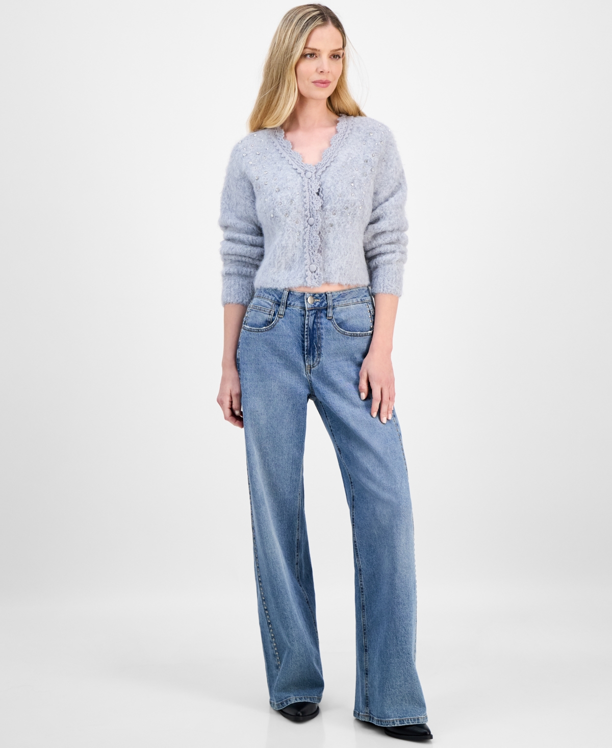 And Now This Petite V-Neck Embellished Fuzzy Cardigan, Macy's Exclusive