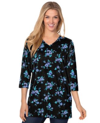 Plus Size Perfect Printed Three-Quarter-Sleeve V-Neck Tunic