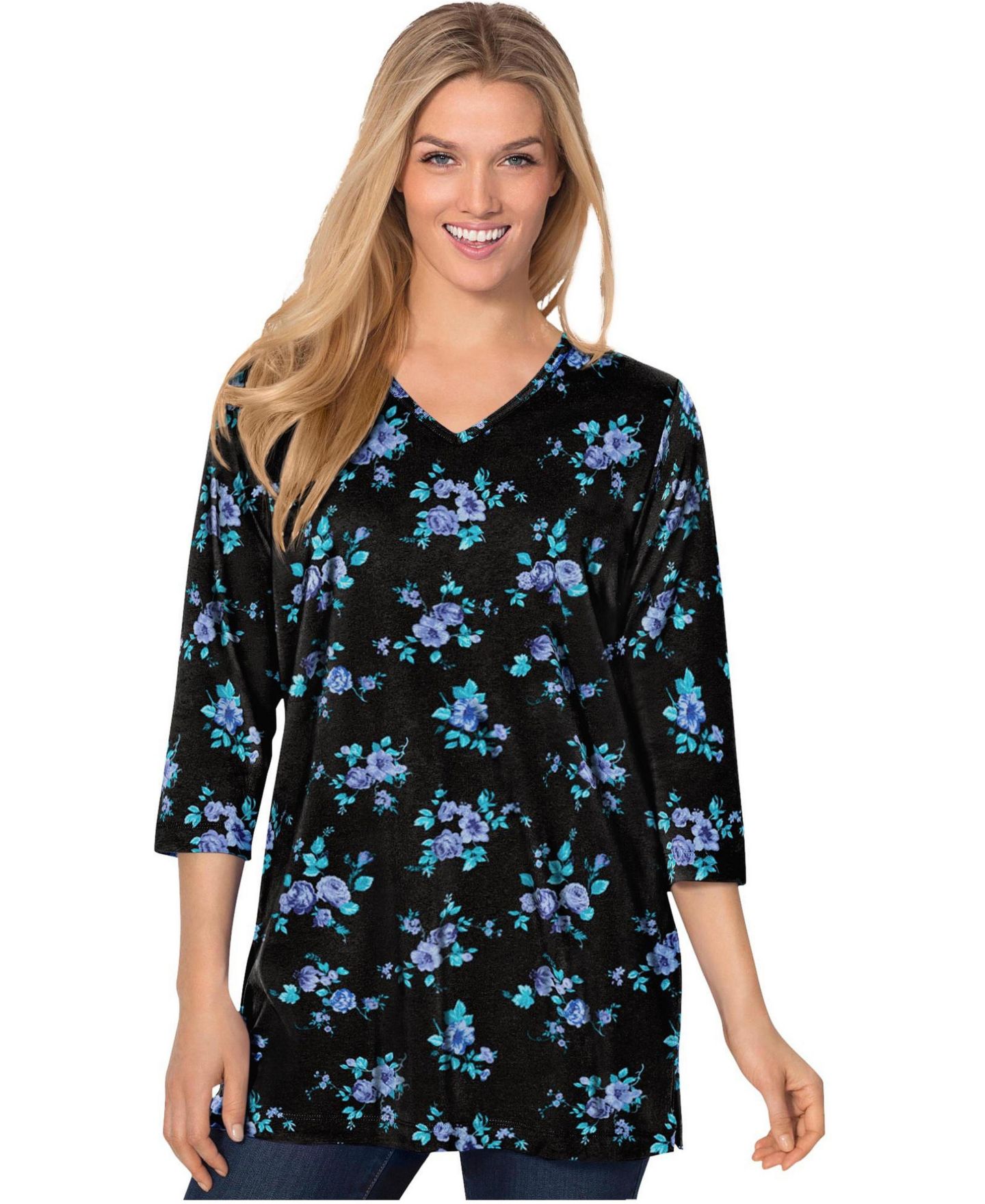 Женский топ Woman Within Within Perfect Printed Three-Quarter-Sleeve V-Neck Tunic, цвет: Синий розовый — фото 1