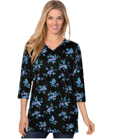 Женский топ Woman Within Within Perfect Printed Three-Quarter-Sleeve V-Neck Tunic, цвет: Синий розовый