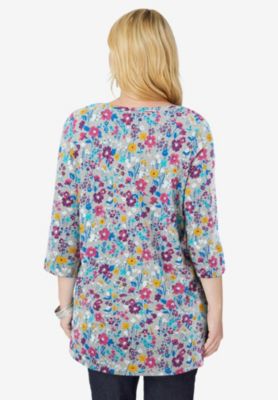 Plus Size Perfect Printed Three-Quarter-Sleeve V-Neck Tunic