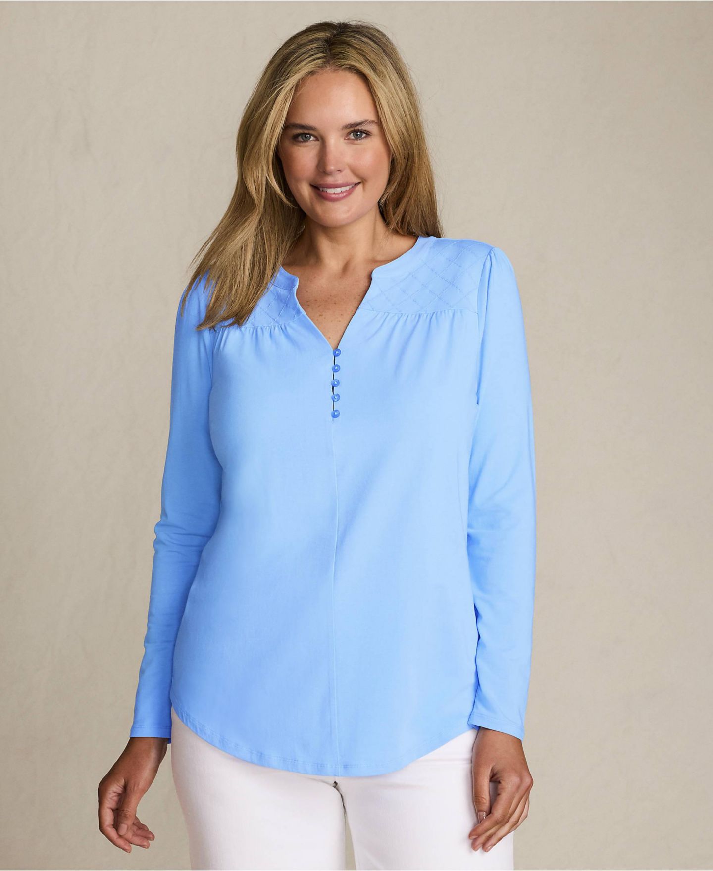 Женский топ Lands' End Long Sleeve Lightweight Jersey Notch Neck Tunic Top, цвет: Прозрачный синий небесно-голубой — фото 4