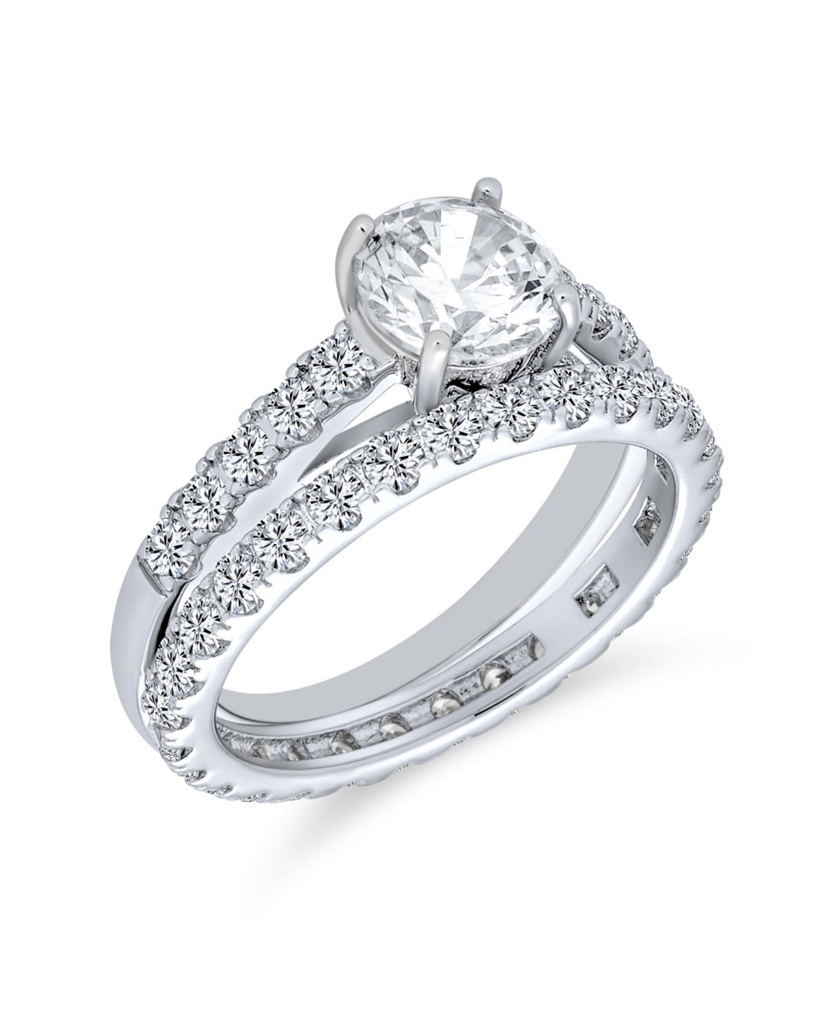 Bling Jewelry Classic Sterling Silver Princess Cut Cz Solitaire & Eternity Band Ring Set