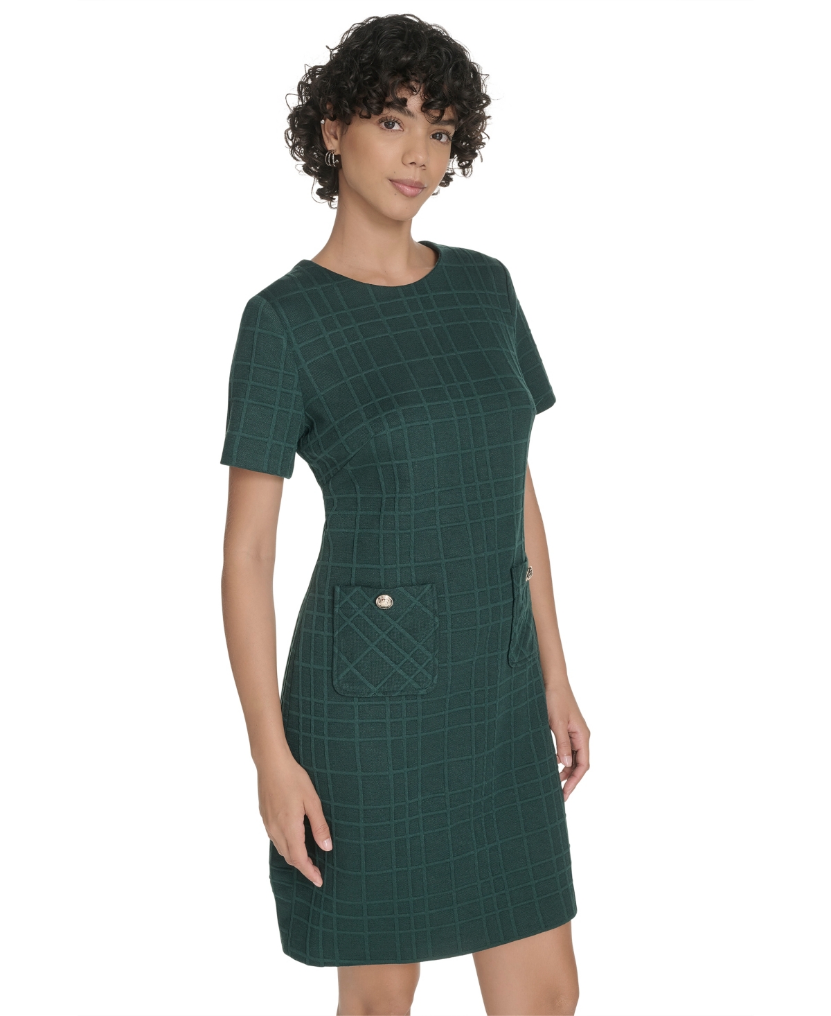 Tommy Hilfiger Windowpane Short Sleeve Shift Dress In Green