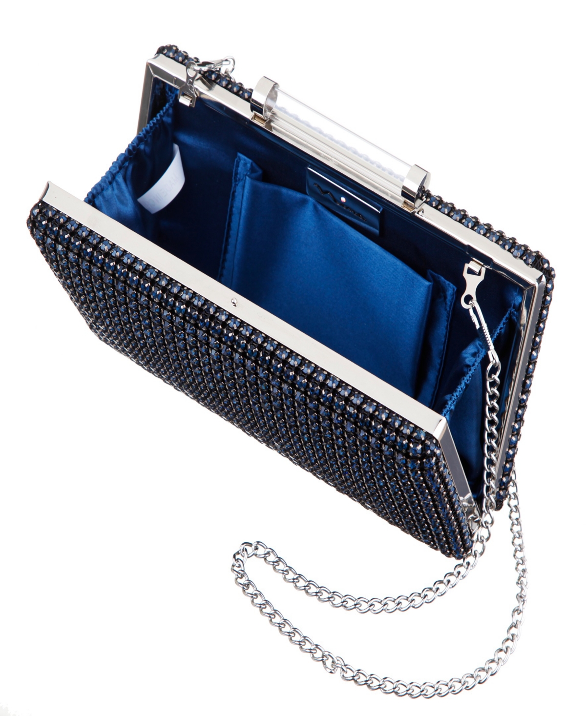 Nina Mini Crystal Encrusted Minaudiere Lift Lock Clutch In Blue