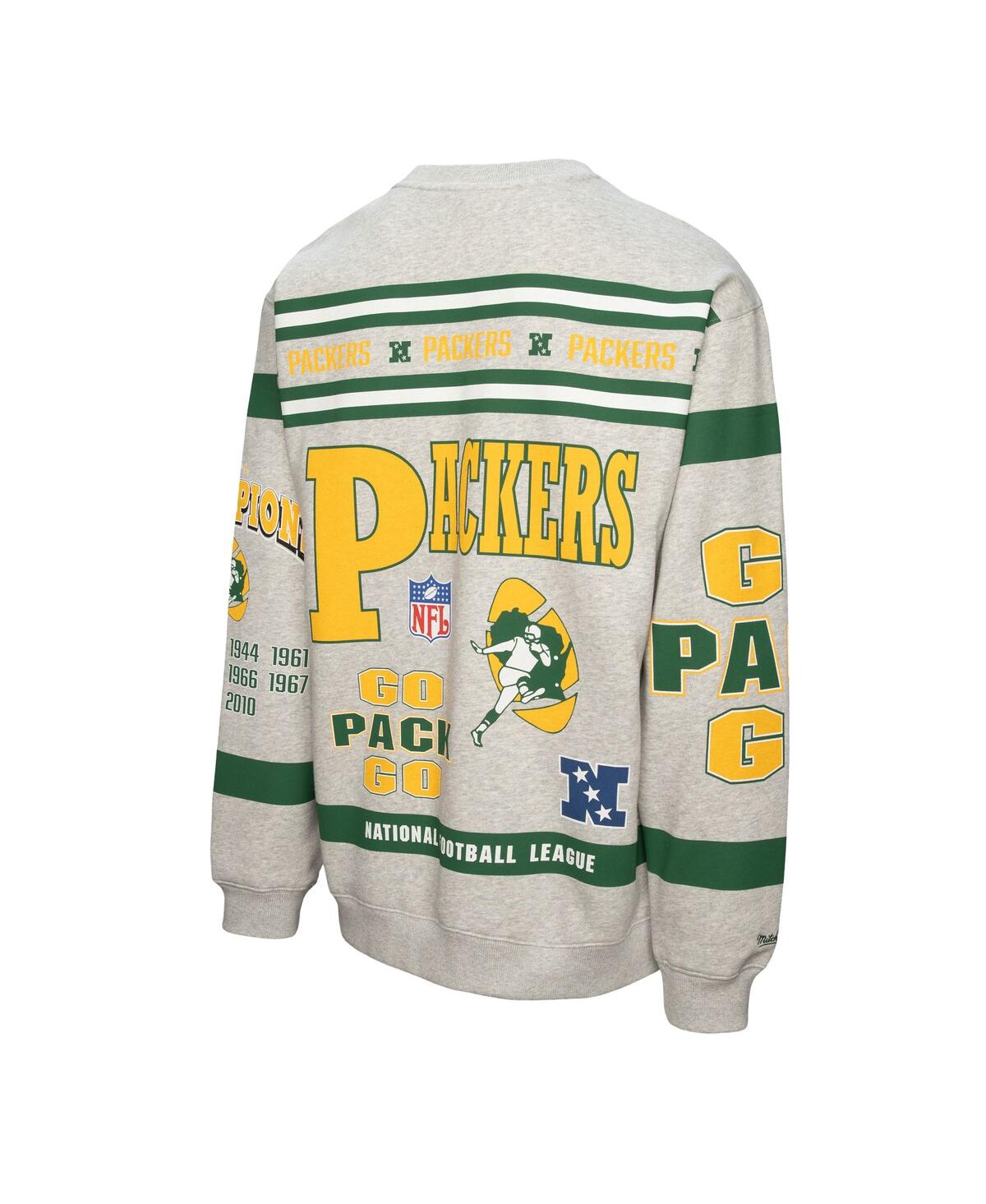 Mitchell & Ness Men's Heather Gray Green Bay Packers All Over Print Fleece Crewneck Sweatshirt In Gray