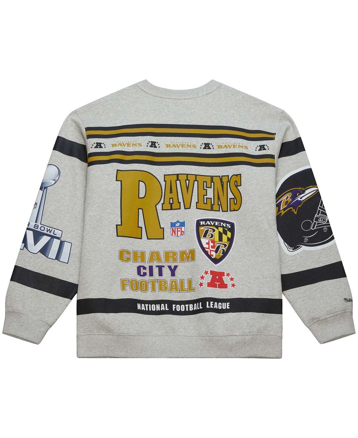 Mitchell & Ness Men's Heather Gray Baltimore Ravens All Over Print Fleece Crewneck Sweatshirt In Gray