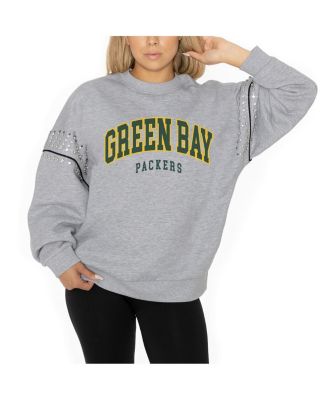 Gameday Couture - Women's Ash Green Bay Packers Rhinestone Drop Shoulder Oversized Fleece Pullover Sweatshirt