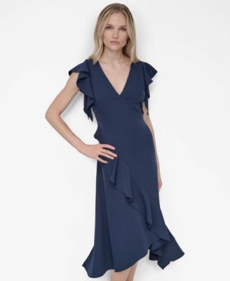 Women's Ruffle Sleeve V Neck Midi Dress