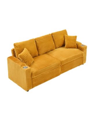 80" Orange Corduroy Pull-Out Sofa Bed w/ Cup Holder
