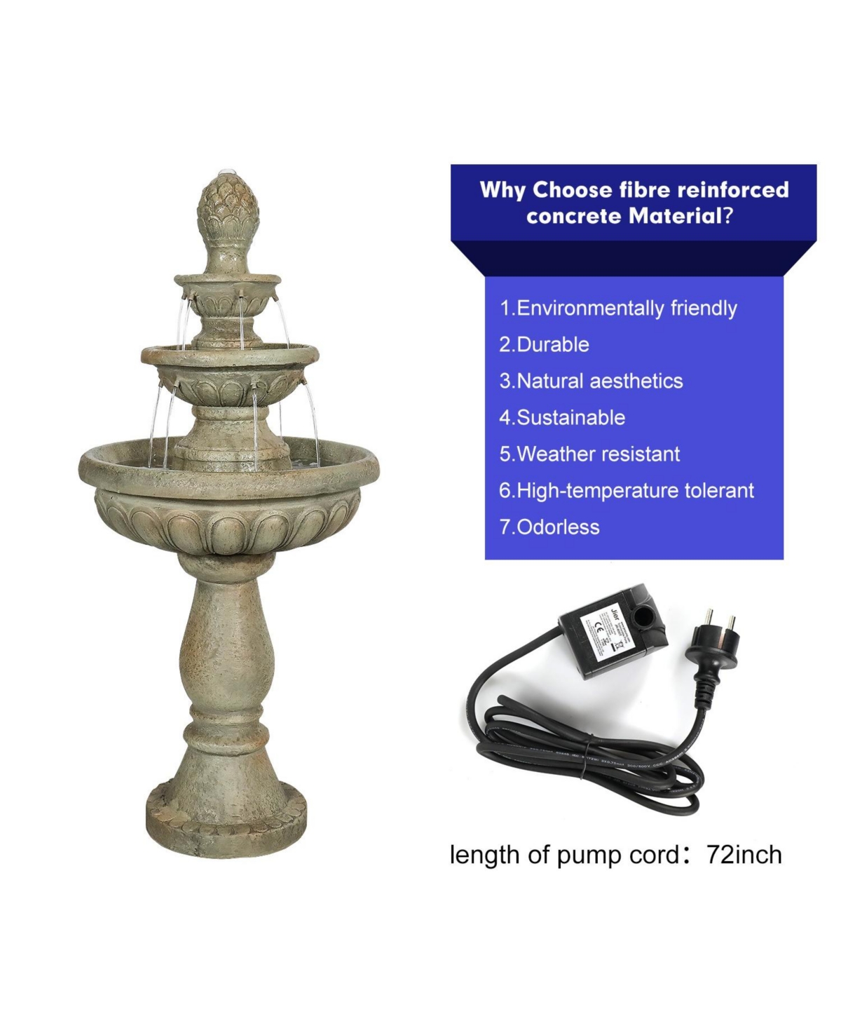 SunJet 42.5” High 3-Tiers Modern Concrete Outdoor Water Fountain