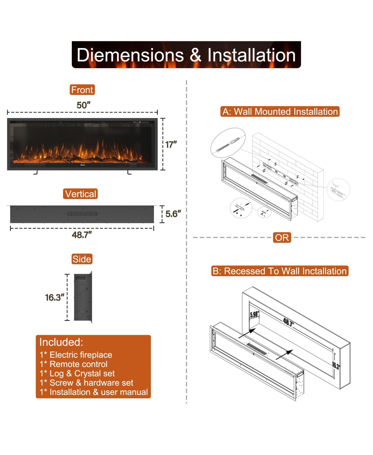 Clihome 50''Recessed Wall-mounted Freestanding Electric Fireplace