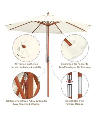 9ft Solid Wood Outdoor Patio Umbrella with Base Included Parasol Wheels Stand for Bistro Market Garden Deck Yard Poolside Ivory