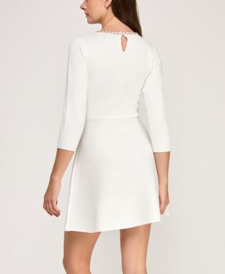 Juniors' 3/4-Sleeve Chain Neck Fit & Flare Sweater Dress