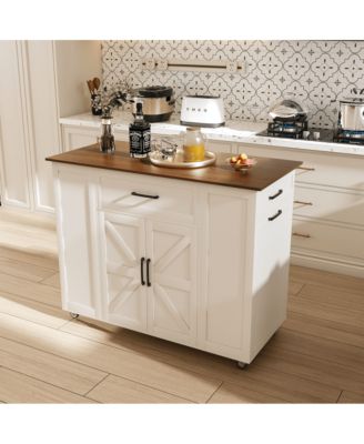  46" Kitchen Island with Power Outlet, Drawers & Cabinet, Rolling Farmhouse Cart with Wood Top & Locking Wheels-Maison Boucle