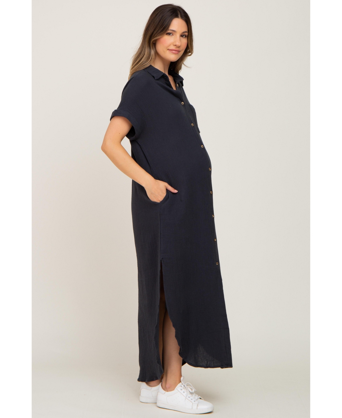 Pinkblush Maternity Charcoal Button Down Midi Dress