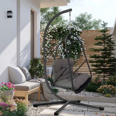 Swing Egg Chair with Stand Indoor Outdoor Wicker Rattan Patio Basket Hanging Chair Cushion