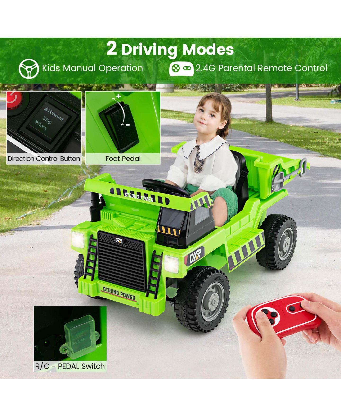 Детская игрушка Costway 12V Ride-On Dump Truck with LED Lights, Music & Wireless Connection, Ages 3+, цвет: Зелёный — фото 5