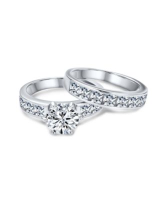 3CT Classic Round Solitaire Cubic Zirconia With CZ Side Stone Princess Cut Band  Promise Ring Set Sterling Silver