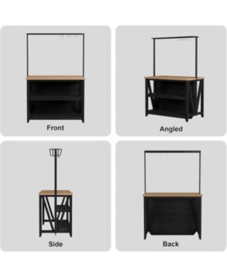 Wooden Kitchen Island with Power Outlet, LED Lights, 3-Tier Microwave Stand, Oven Shelf & Coffee Bar Table with Hooks