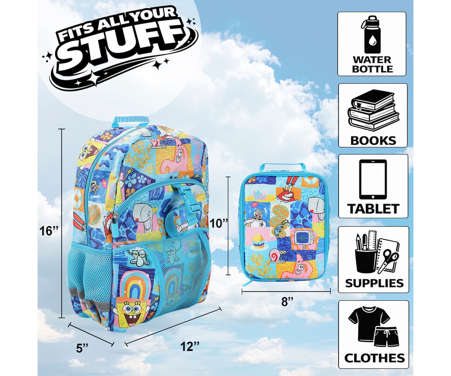 Сумки SpongeBob SquarePants 2-Piece 16" Premium Backpack and Lunch Kit Set для мальчиков, цвет: Синий — фото 3
