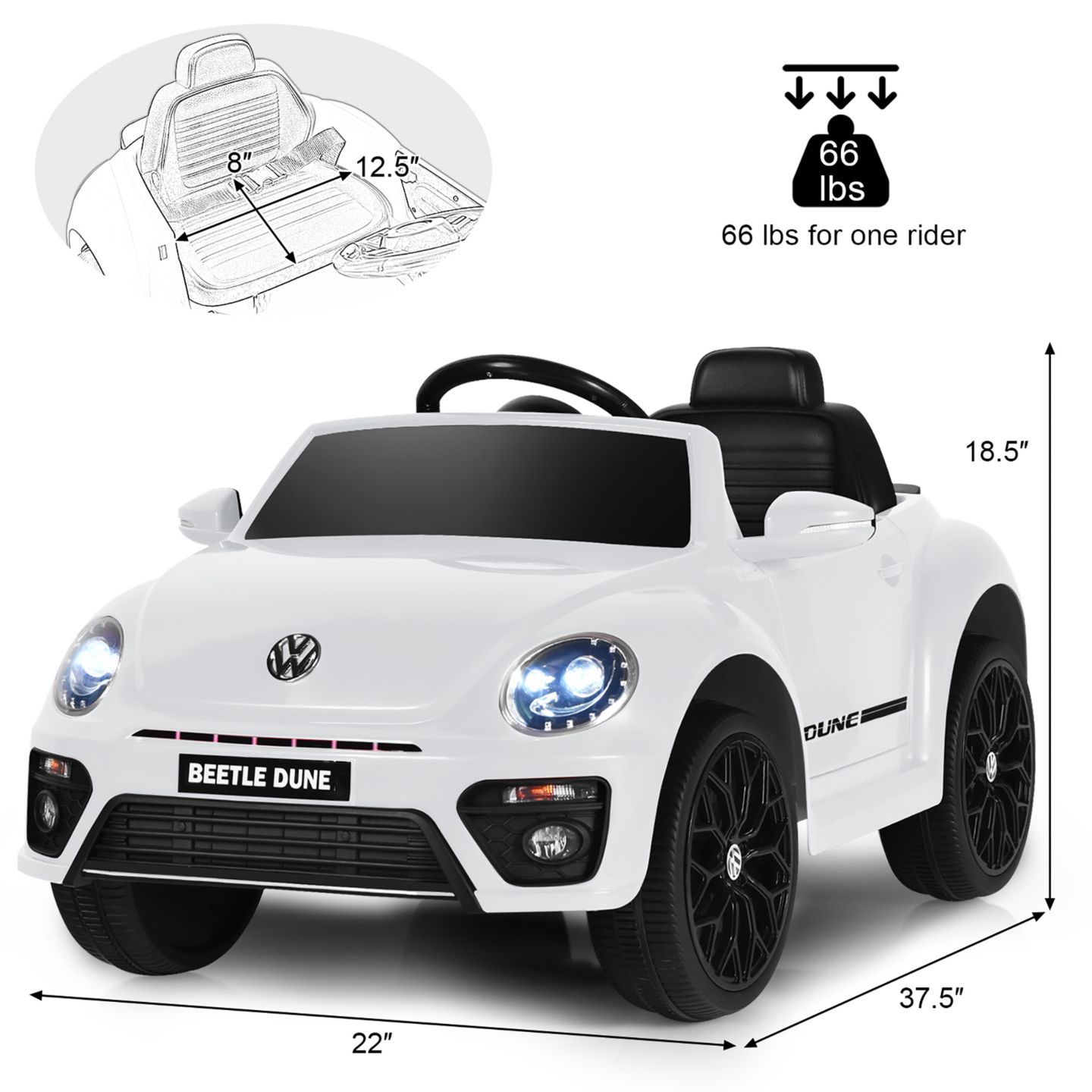 Детская игрушка Costway Volkswagen Beetle Remote-Control Ride-On Car, 37.5"L x 22"W x 18.5"H, Ages 3-10 — фото 3
