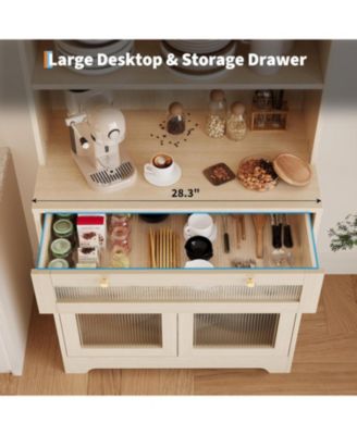 62 Inch Engineered Wood Freestanding Hutch Cupboard with Large Countertop, Glass Doors, Drawer and Adjustable Shelves Kitchen Pantry Cabinet