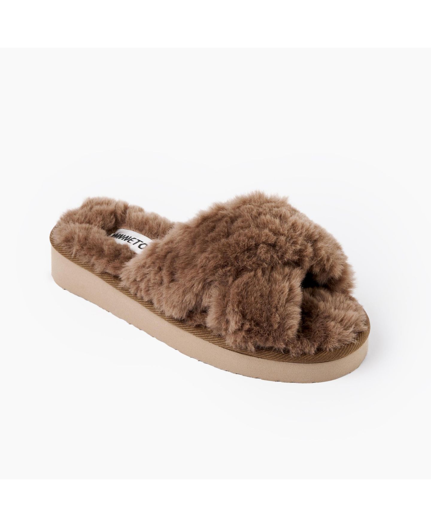 Женские тапочки Minnetonka Teddy Crossband Faux Fur Slippers, цвет: Шоколадный — фото 1