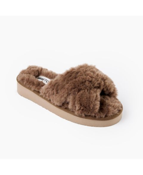 Женские тапочки Minnetonka Teddy Crossband Faux Fur Slippers, цвет: Шоколадный