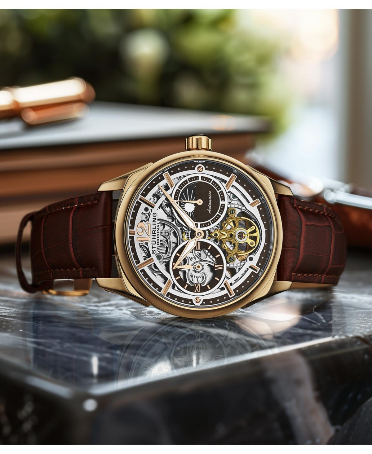 Мужские часы Stuhrling Vanguard Legacy скелетон с двумя часовыми поясами 42мм — фото 3