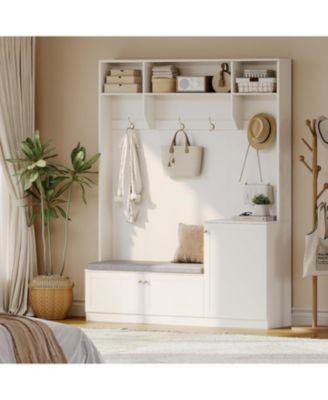 Hall Tree with Shoe Storage, 78.8" Entryway Bench with Coat Rack, with 4 Shoe Cabinet, 4 Coat Hooks, 3 Top Open Shelves, 5-in-1 Freestanding Coat Rack for Hallway, Bedroom, Living Room