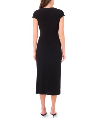 Women's Short Sleeve Surplice and Beaded Front Midi Dress