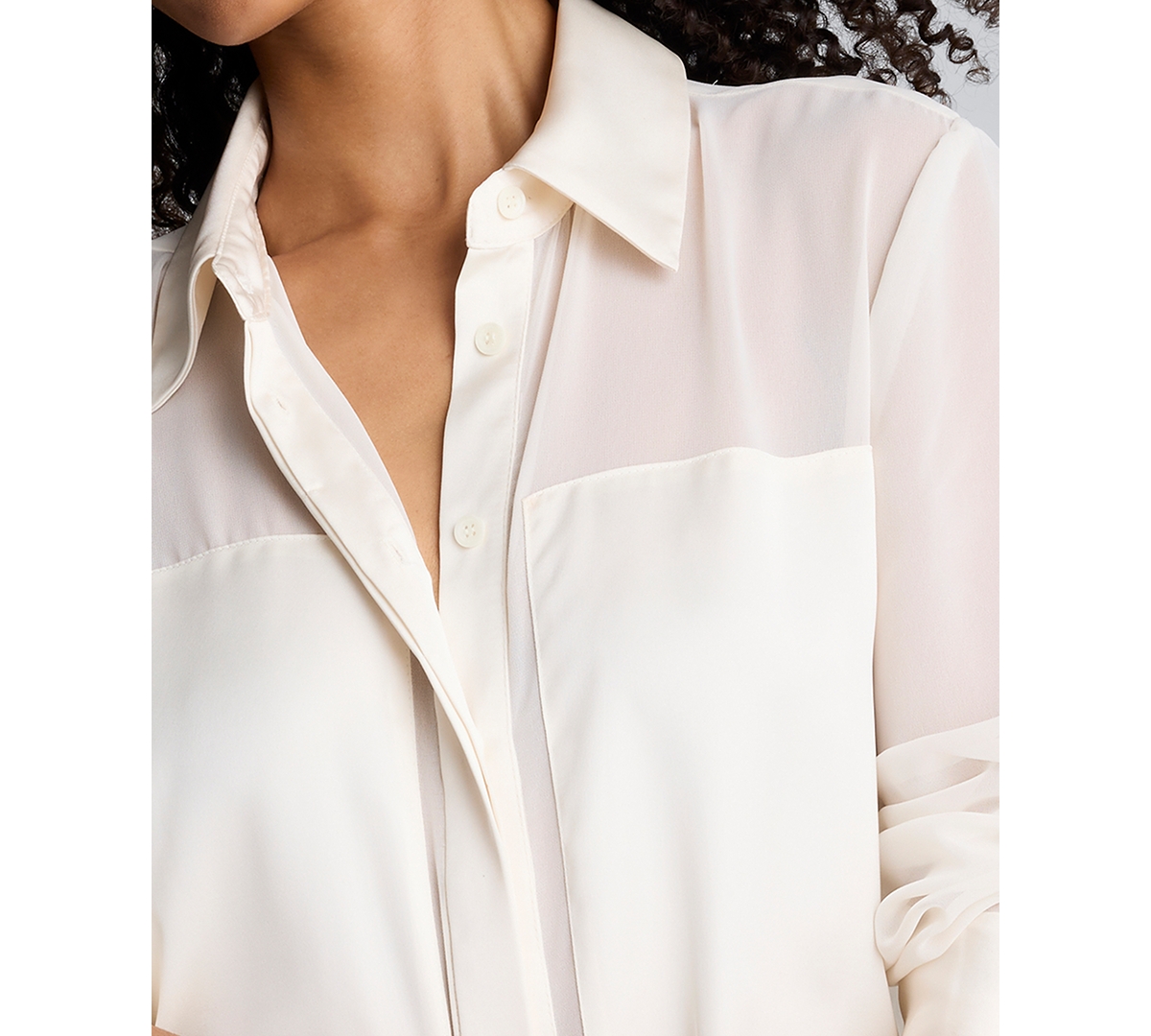 Kenneth Cole Long Sleeve Button Front Sheer Detail Woven Shirt In White