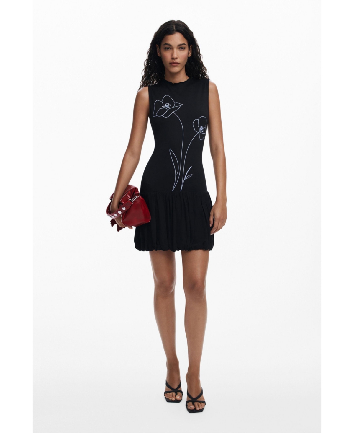 Desigual Floral Print Sleeveless Bubble Hem Minidress In Black