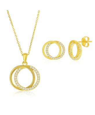 Sterling Silver, Interlocking Circle CZ Necklace & Earrings Set