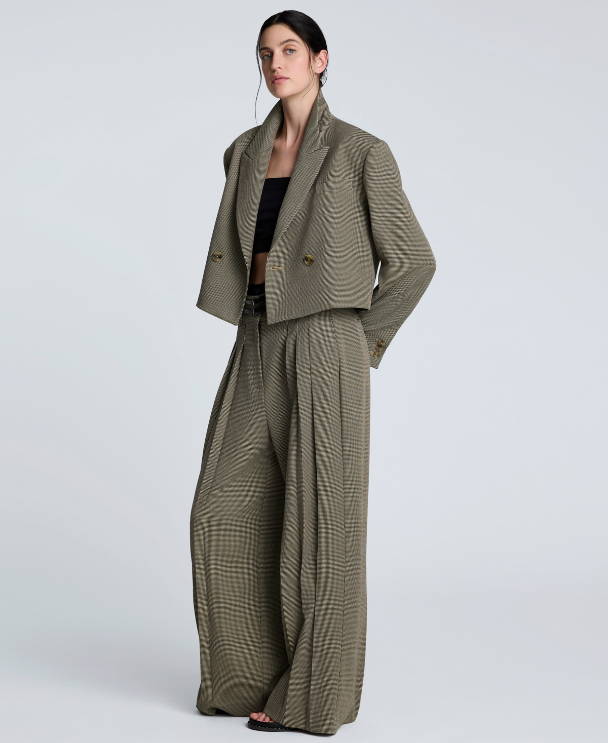 Kenneth Cole Houndstooth Check Pleated Wide Leg Pants In Gray