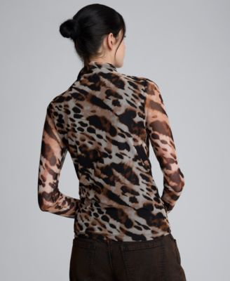 Women's Mesh Front Ruched Long Sleeve Top