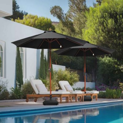 9ft Solid Wood Outdoor Patio Umbrella with Base Included Parasol Wheels Stand for Bistro Market Garden Deck Yard Poolside Black