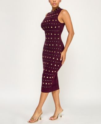 Juniors' Mock Neck Sleeveless Studded Midi Sweater Dress